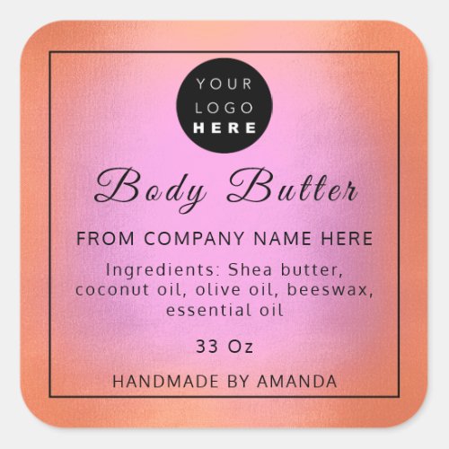 Custom Logo Name Body Butter Cosmetics Orange Pink Square Sticker