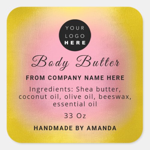 Custom Logo Name Body Butter Cosmetics Yellow Pink Square Sticker