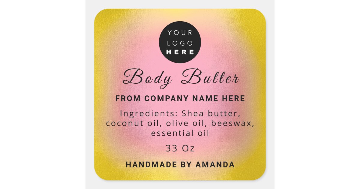 Custom Logo Name Body Butter Cosmetics Yellow Pink Square Sticker Zazzle
