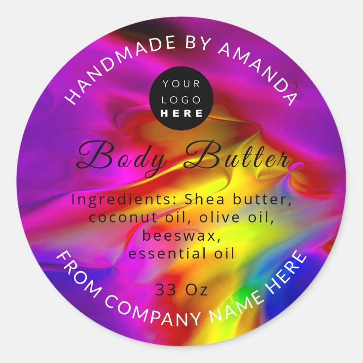 Custom Logo Name Body Butter Logo Rainbow Classic Round Sticker | Zazzle