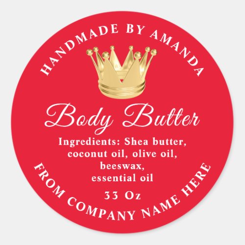  Custom Logo Name Body Butter Scrub Gold Red Classic Round Sticker