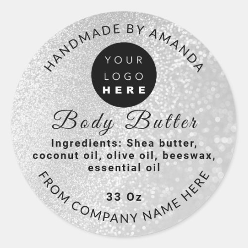 Custom Logo Name BodyButter Cosmetics Glitter Grey Classic Round Sticker