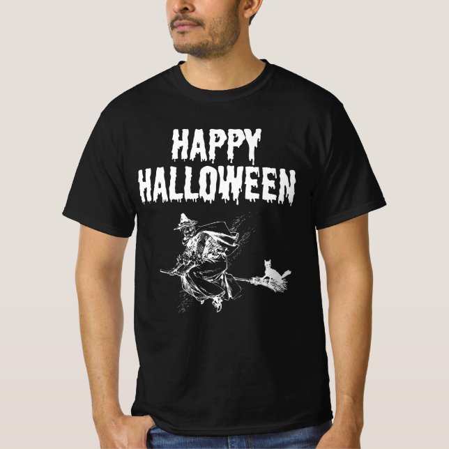 Custom Logo | Name, Flying Witch and a Black Cat T-Shirt (Front)