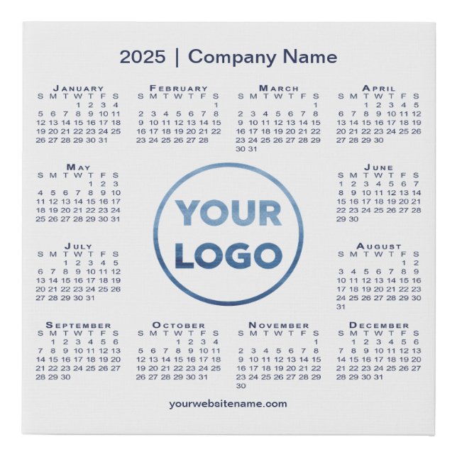 Custom Logo Navy Blue 2025 Calendar on White Faux Canvas Print (Front)