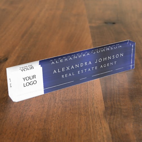 Custom Logo Navy Blue Elegant Professional Desk Name Plate