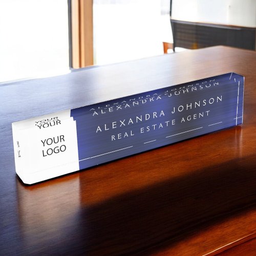 Custom Logo Navy Blue Elegant Professional Desk Name Plate