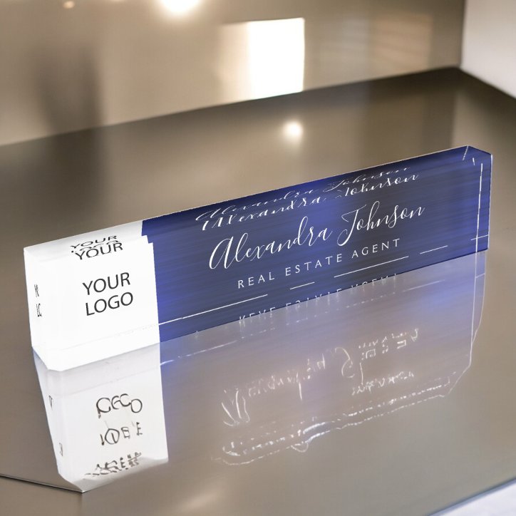 Custom Logo Navy Blue Elegant Professional Desk Name Plate