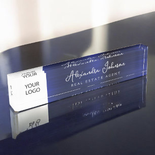 Custom Logo Navy Blue Elegant Professional Desk Name Plate