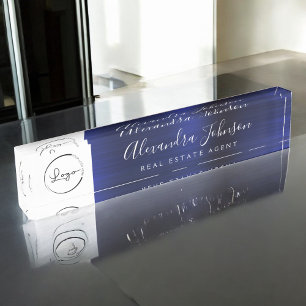 Custom Logo Navy Blue Elegant Professional Desk Name Plate