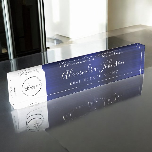 Custom Logo Navy Blue Elegant Professional Desk Name Plate (Creator Uploaded)