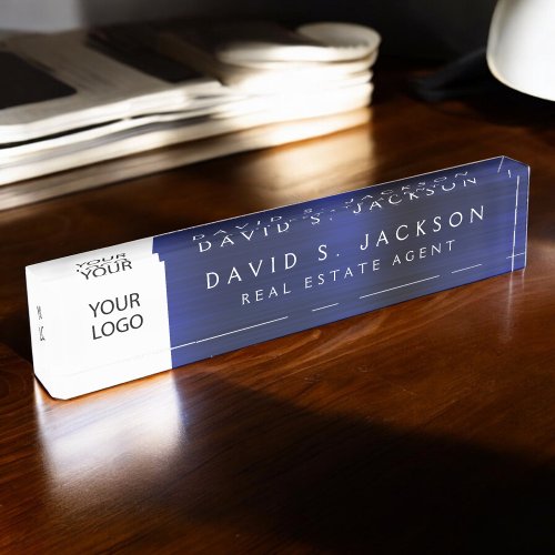 Custom Logo Navy Blue Elegant Professional Desk Name Plate