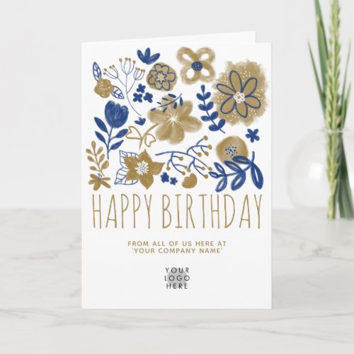 Custom Logo Navy Blue Gold Flowers Happy Birthday  Card