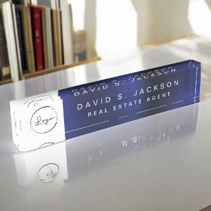 Custom Logo Navy Blue Metallic Professional Desk Name Plate