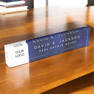 Custom Logo Navy Blue Metallic Professional Desk Name Plate