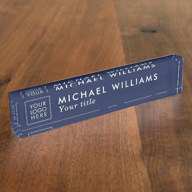 Custom Logo Navy Blue Name Title Modern Simple Desk Name Plate (Side)