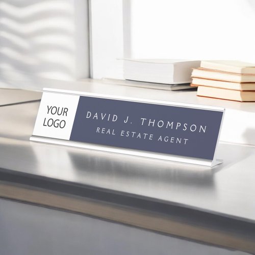 Custom Logo Navy Blue Professional Desk Name Plate