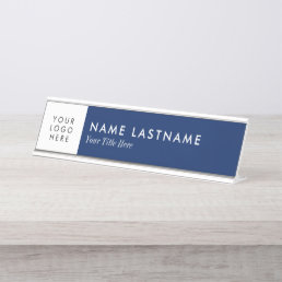 Custom Logo Navy Blue White Desk Nameplate