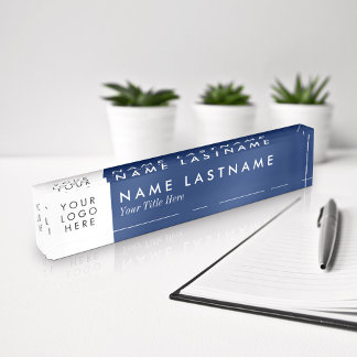 Custom Logo Navy Blue White Desk Nameplate