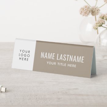 Custom Logo Neutral Beige Simple Minimalist Name Table Tent Sign by pinkpinetree at Zazzle