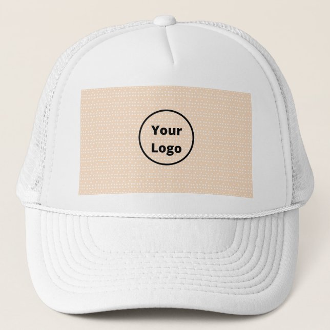 Custom logo on tiny white dots on blush trucker hat (Front)