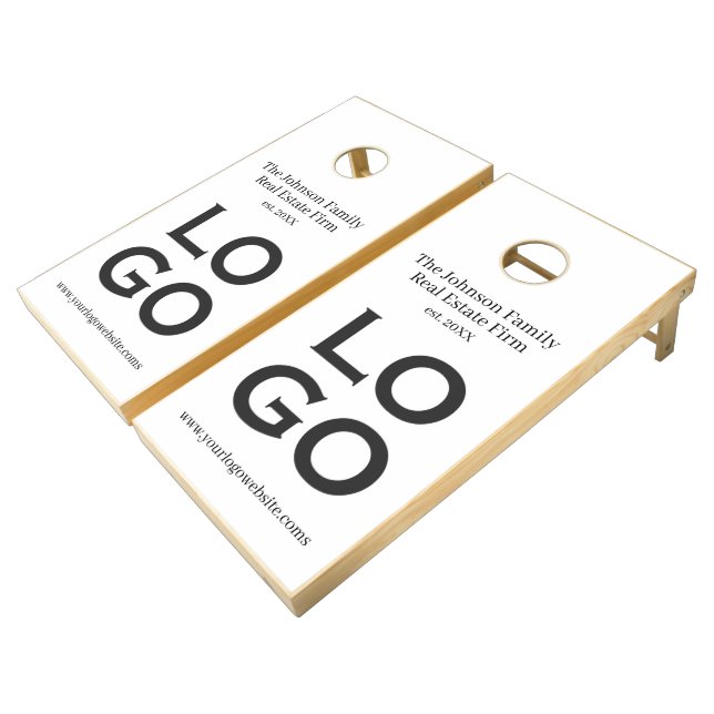Custom Logo on White Cornhole Set (Angled)