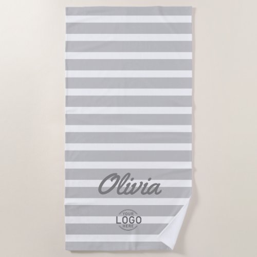 Custom Logo Personalized Name Grey White Striped Beach Towel