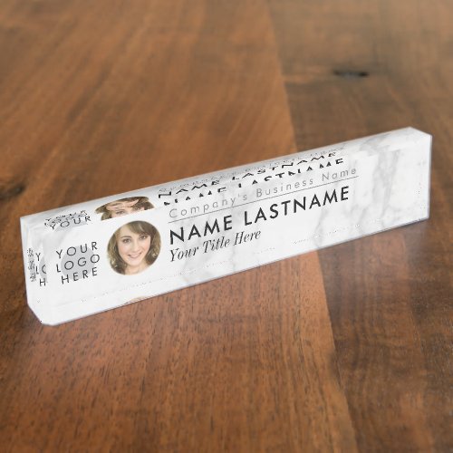 Custom Logo Photo Grey White Marble Professional Desk Name Plate