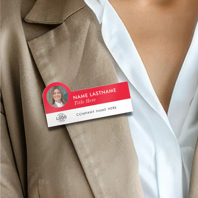 Custom Logo Photo ID Title Red White Employee Name Tag | Zazzle