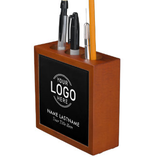 Custom Logo Photo Name Title Simple Black Minimal Desk Organizer