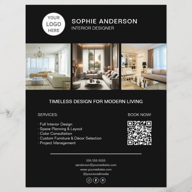 Custom Logo Photo QR Black Professional Business Flyer (Front)