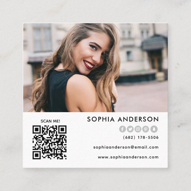 Custom logo photo QR code Modern social media Square Business Card (Back)