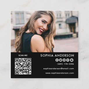 Custom logo photo QR code Modern social media Square Business Card