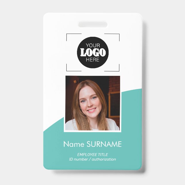 Custom logo photo QR code teal and white ID Badge (Front)