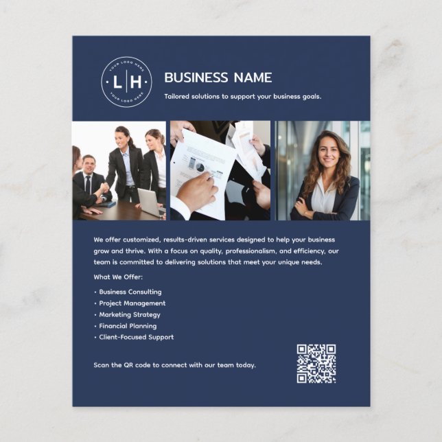 Custom Logo Photo QR Professional Blue Business Flyer (Front)
