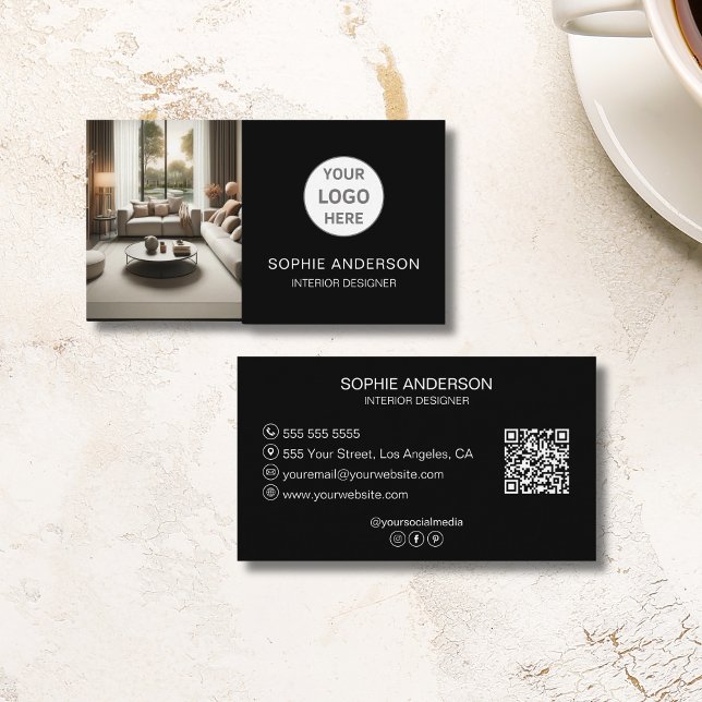 Custom Logo Photo QR Social Media Black Business Card (Custom Logo Photo QR Social Media Black Business Card)