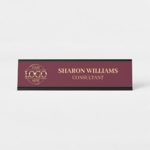 Custom Logo   Professional Burgundy Red Minimalist Desk Name Plate