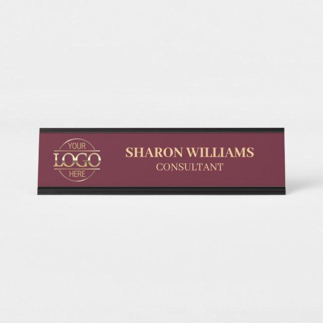 Custom Logo | Professional Burgundy Red Minimalist Desk Name Plate (Front)