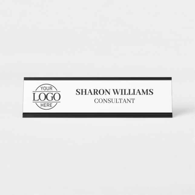 Custom Logo | Professional Elegant Black & White Desk Name Plate (Front)
