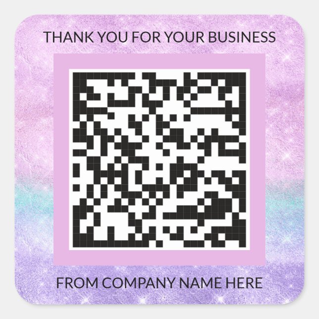 Custom Logo Purple Pink QRCode Name Thank Business Square Sticker (Front)