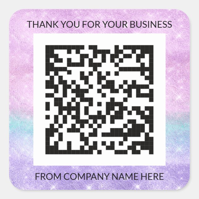 Custom Logo Purple Pink QRCode Name Thank You Name Square Sticker (Front)