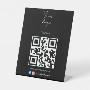 Custom logo, QR code and text black and white Pedestal Sign