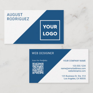 Custom Logo QR Code Blue White Geometric Business Card