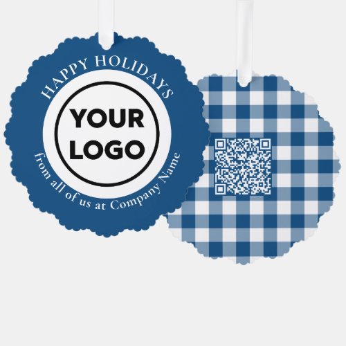 Custom Logo QR Code Blue White Gingham Holiday Ornament Card