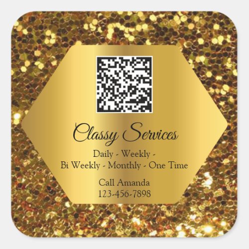 Custom Logo QR Code Gold Frame Name Gold Square Sticker