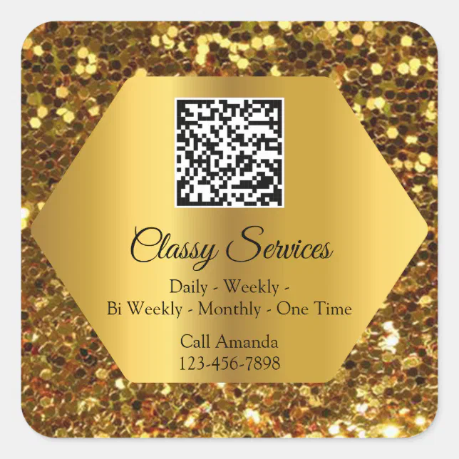 Custom Logo QR Code Gold Frame Name Gold Square Sticker | Zazzle