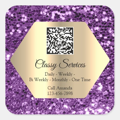 Custom Logo QR Code Gold Frame Name Purple Square Sticker