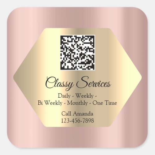 Custom Logo QR Code Gold Frame Name Rose Square Sticker