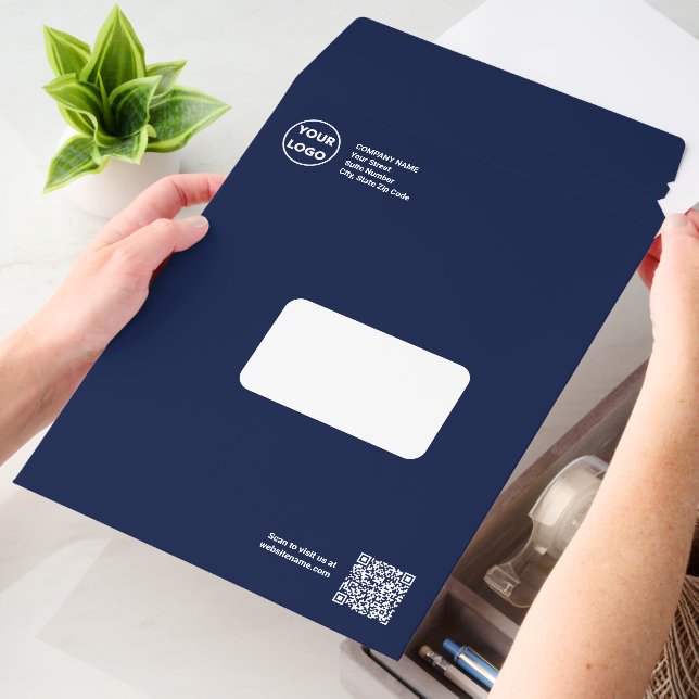 Custom Logo QR Code Minimal Navy White Business Envelope Mailers (Desk)