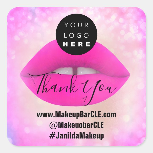 Custom Logo QR Code Name Thank Shopping Pink Lips Square Sticker (Front)