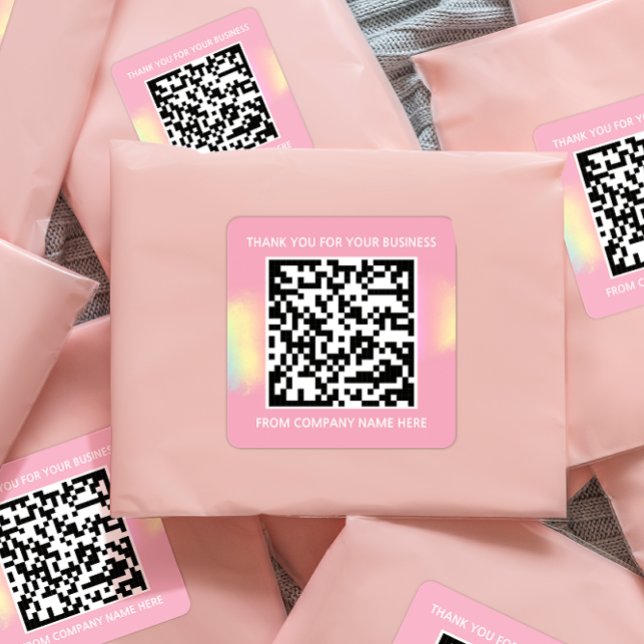 Custom Logo QR Code Name Thank You Pink Square Sticker (Creator Uploaded)